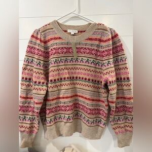 NWT J.Crew Women's Pink and Beige cherry fairisle Patterned wool blend Sweater-L